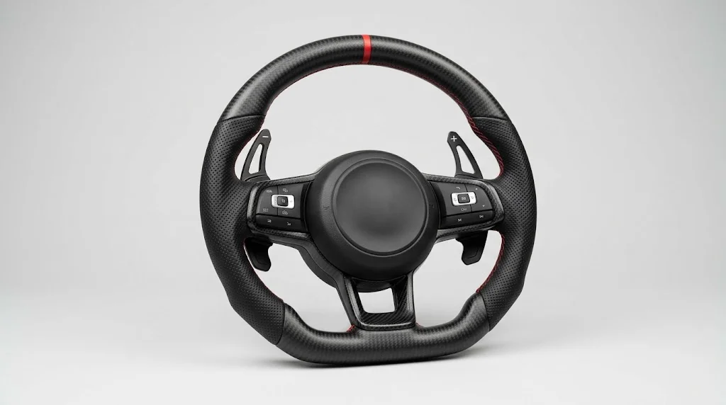 Studio product shot of a WELTHEIM custom perforated leather and matte carbon fiber steering wheel for Volkswagen Golf GTI and Golf R