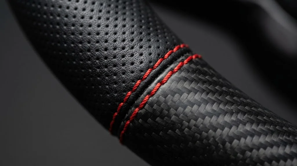 Close-up of perforated leather dimples, red stitching and matte carbon on a WELTHEIM VW Golf GTI steering wheel