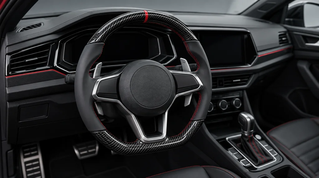Interior view of a WELTHEIM custom flat-bottom steering wheel for Volkswagen Jetta GLI and Tiguan, with gloss carbon fiber trim, smooth black leather grips and tornado red stitching
