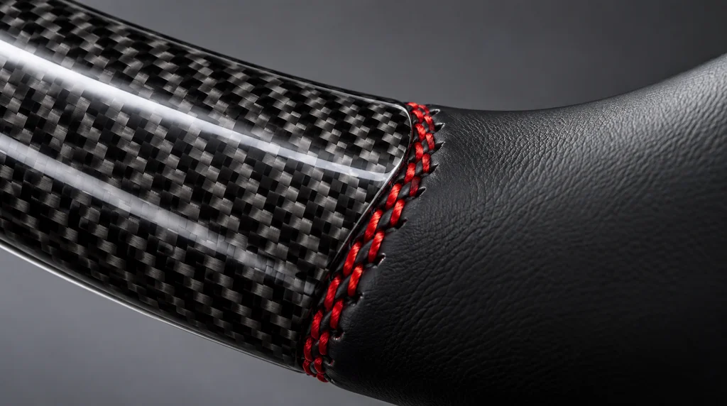 Close-up of gloss carbon fiber, smooth black leather and tornado red stitching on a WELTHEIM VW Jetta GLI steering wheel